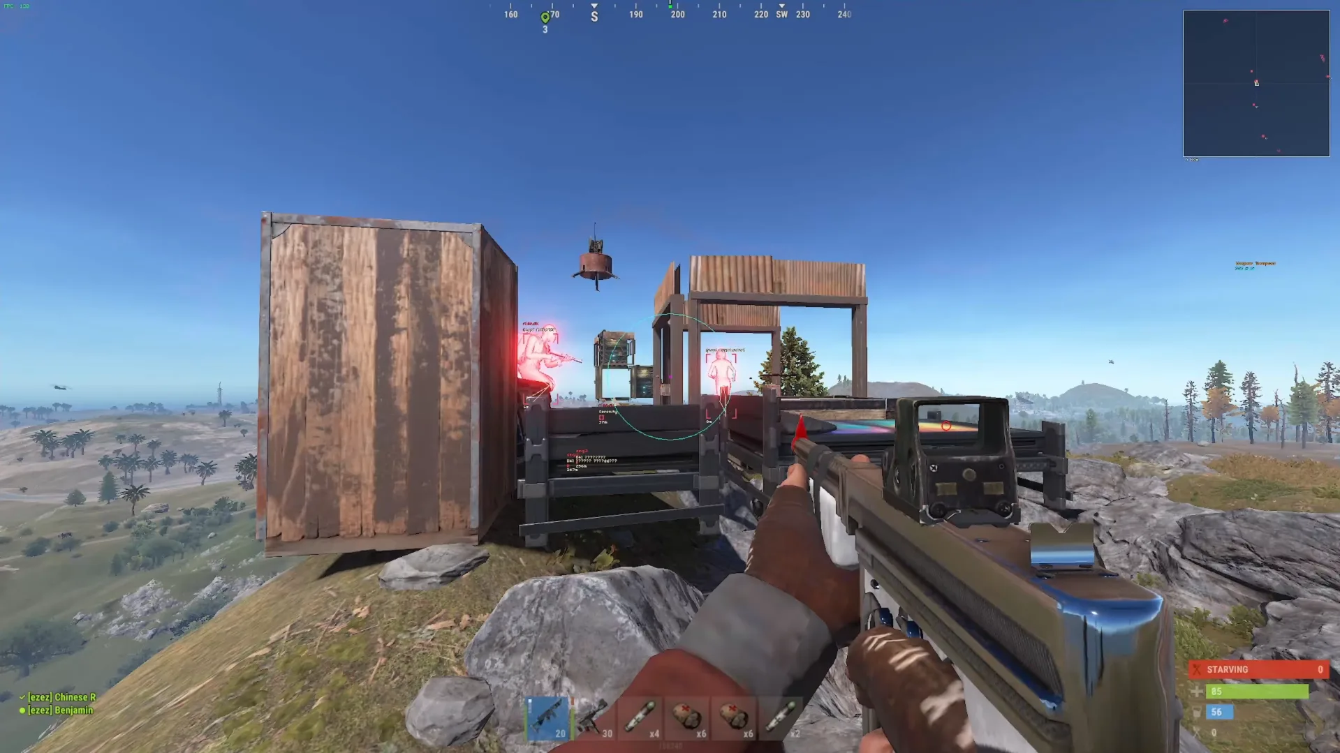 Rust cheat transparent walls and ESP showing two players inside a base